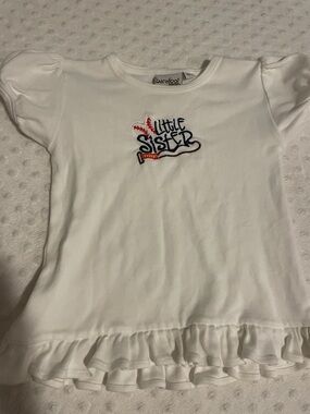 Barefoot Dreams White Girls Tee with 'Little Sister' Embroidered Graphic